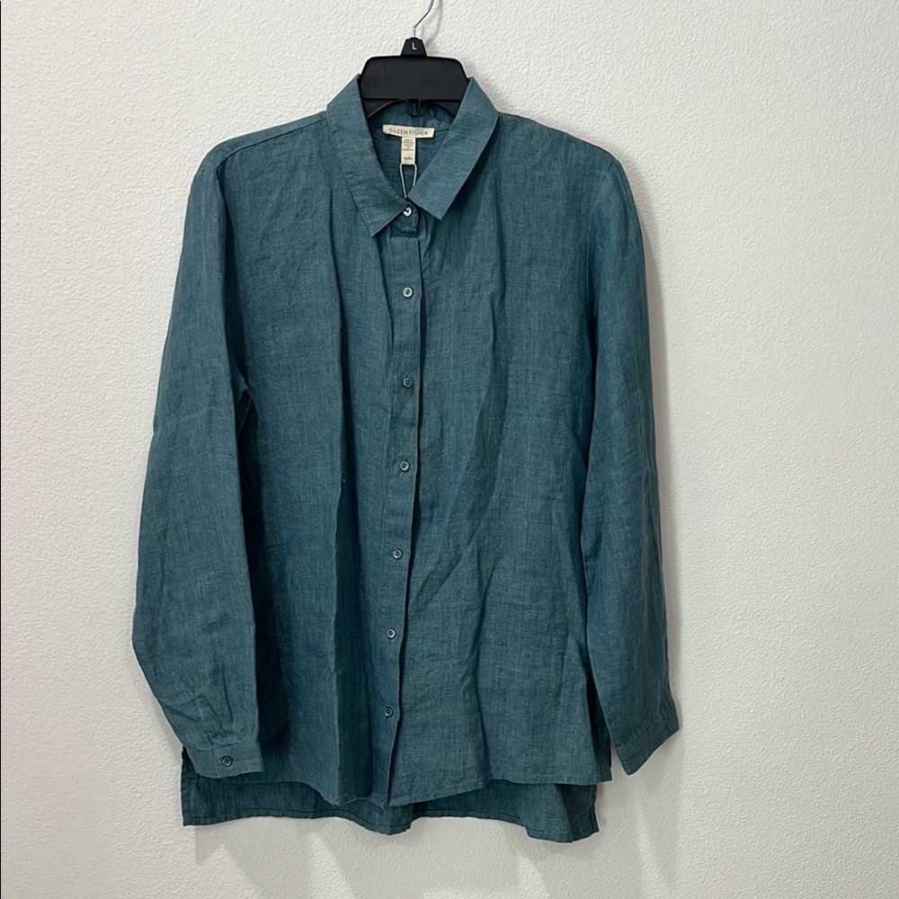 Eileen Fisher New Classic Collar Shirt with Washed Organic Linen Delave Sz PM